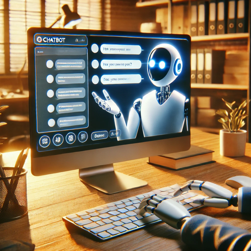 Dalle 2025 02 09 22 52 22 a realistic digital illustration of a chatbot interacting with a user on a website The scene features a modern workspace with a computer screen displ torm0