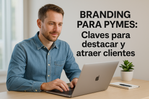 Hombre joven con barba trabajando en un portátil mientras aparece el texto Branding para PYMES Claves para destacar y atraer clientes en la pared